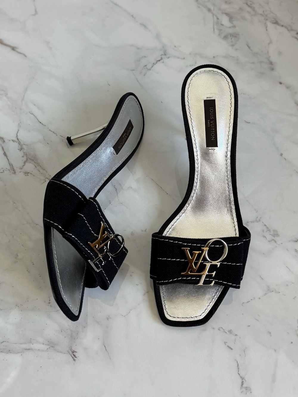 Authentic 2007 Louis Vuitton Silver Gold LV Love Logo Emblem Kitten Heel Mules